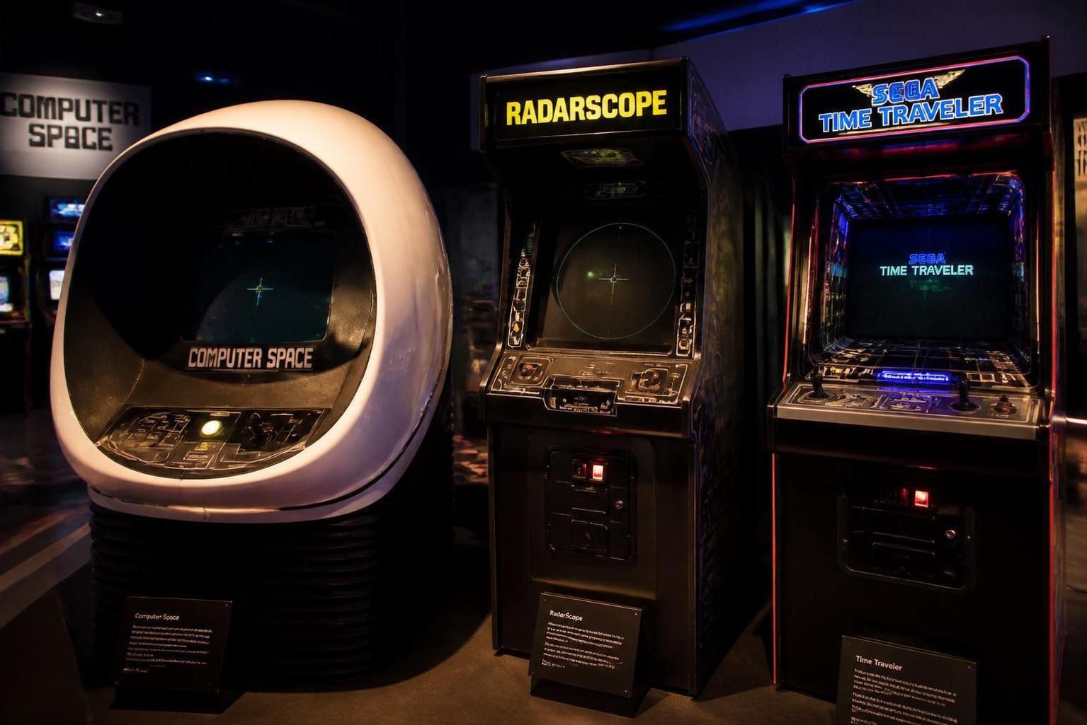 découvrez des bornes d'arcade rares et mythiques comme radarscope, sega time traveler et computer space, des classiques incontournables pour les passionnés de jeux rétro.